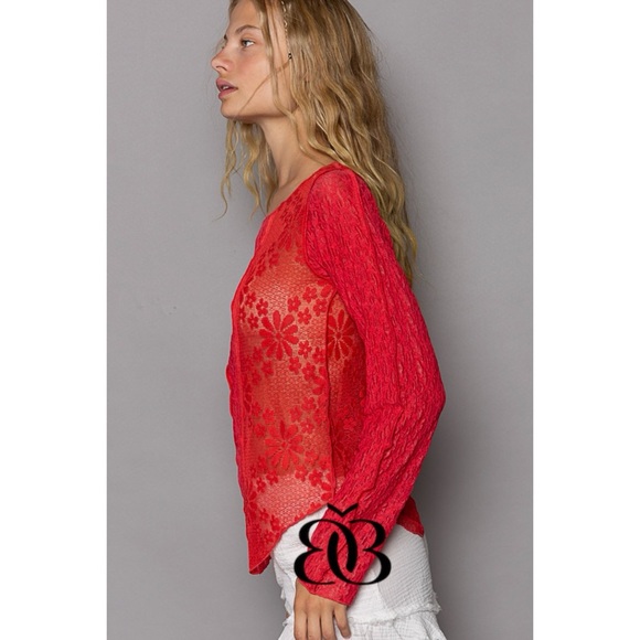 POL Red Lace Boat Neck Long Sleeve Top - Picture 3 of 7